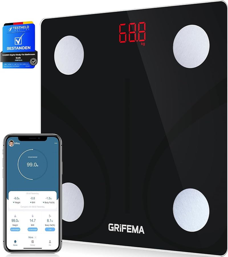 Grifema GA2001 Digital Body Fat Scale, 150kg, BMI, App Sync, Black