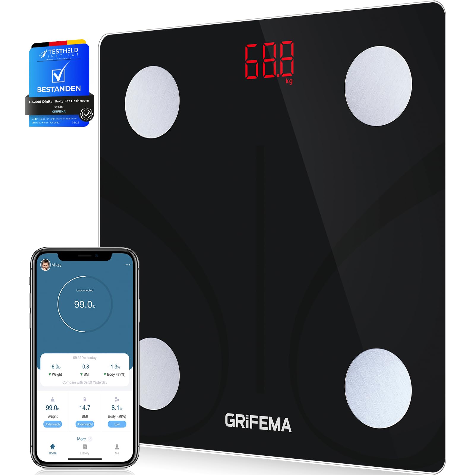 GRIFEMA GA2001 Weighing Scales for Body Weight and Fat, Digital Bathroom Scales, Weight Scales, High Precision Measuring for BMI, Muscle, Body Age etc, Sync App, Black - Pack of 1