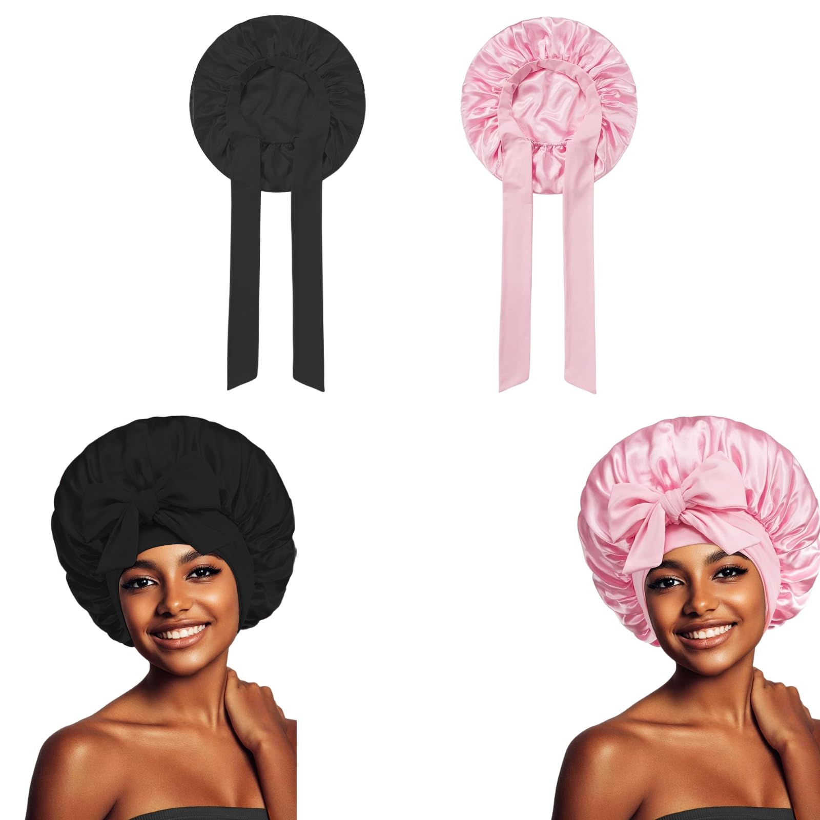 Benaewa 2 Pack Silk Bonnet, Satin Bonnet for Sleeping, Shower Caps with Long Tie for Women(Black/Pink)