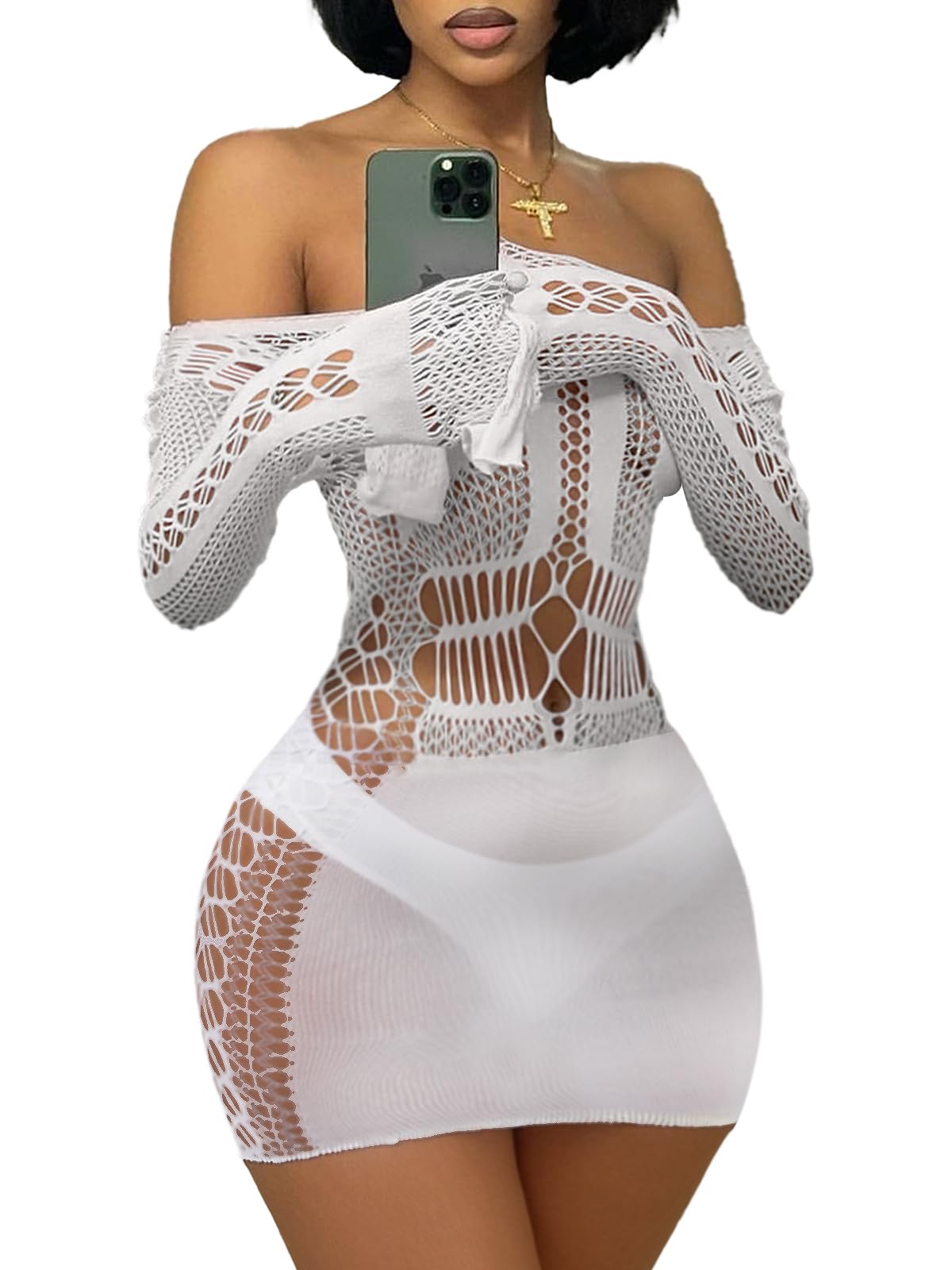 Buitifo Woman Sexy Lingerie Dress Fishnet Bodycon Mini Dresses Stripper Outfit Mesh Chemise Babydoll(White zjd,M)