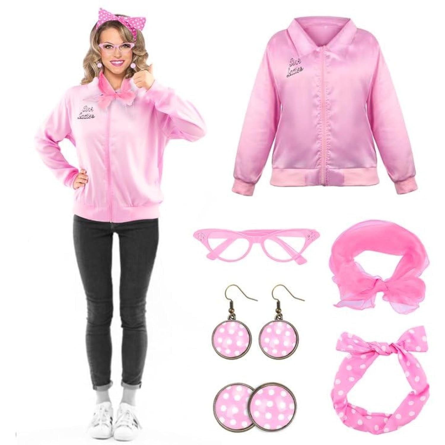 Pink Ladies Jacket Fancy Dress for Ladies Jacket Grease Fancy Dress Costumes for Adults- 1950s Accessories for Women Pink Outfit with Glasses Headband Silk Scarf Earrings for Lady Teenage Girls