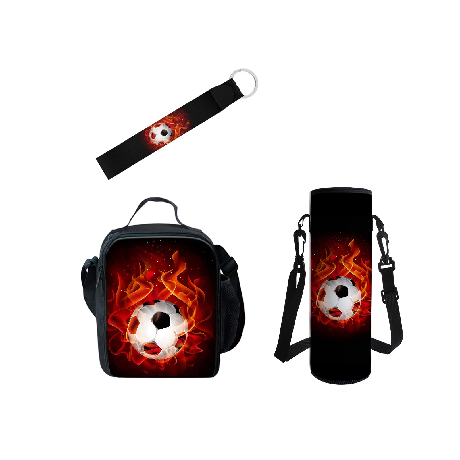 Kuiaobaty Fire Soccer Insulated Lunch Bag Set for Kids Boy 3D Football Children Water Bottel Holder Teen Keychain