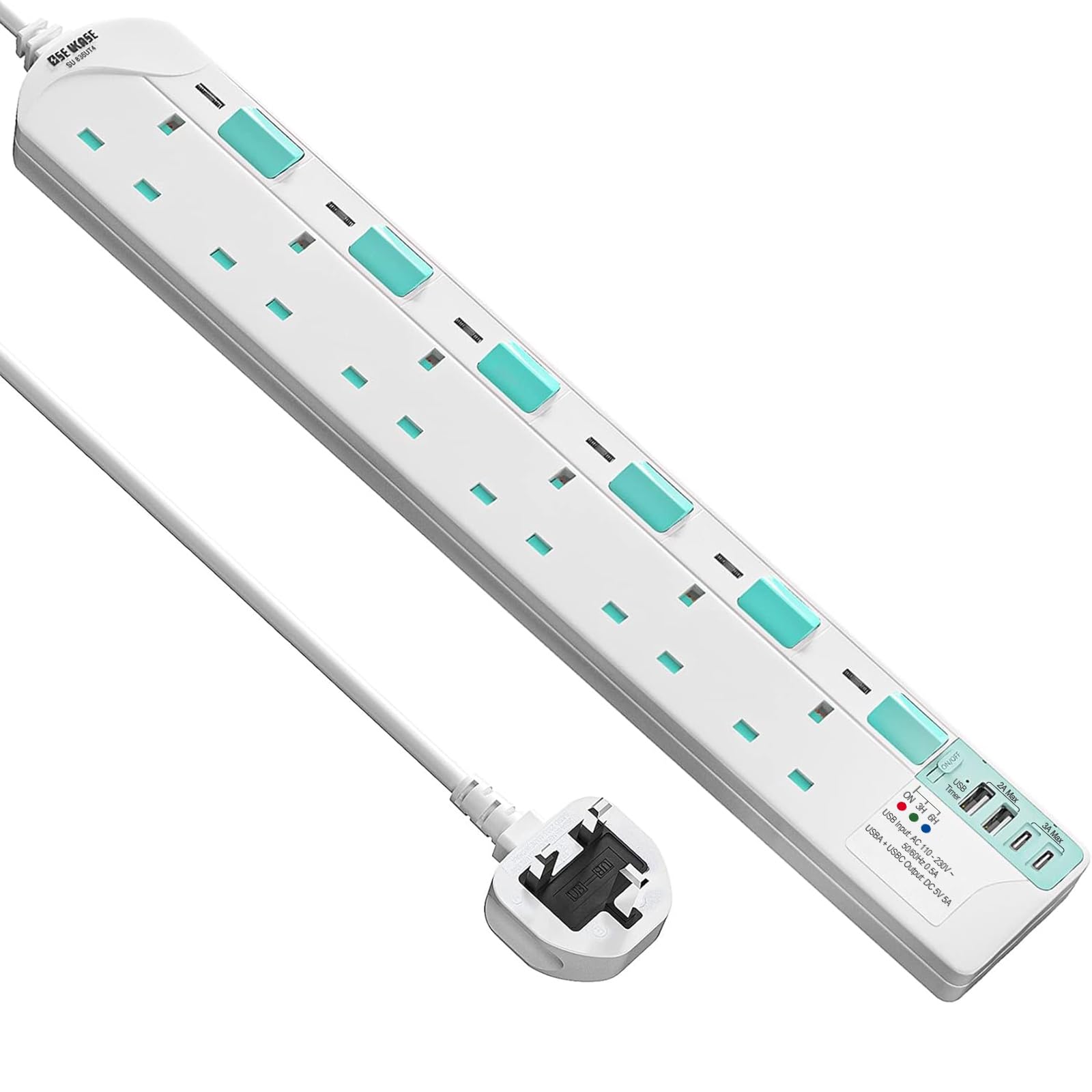 SE UKASE Extension Lead with USB Slots(5V/5A),USB Timer, 6 Way Plug Sockets with Individual Switches USB and Type C, Wall Mount Design with 2M Extension Cable 2990W — image 1