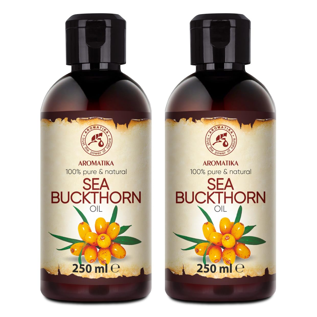 AROMATIKA Sea Buckthorn Fruit Carrier Oil Set 2x250ml - 100% Pure & Natural Cold Pressed Unrefined Hippophae Rhamnoides Oil for Hair, Face & Body - Massage, Aromatherapy, Relaxation & Spa