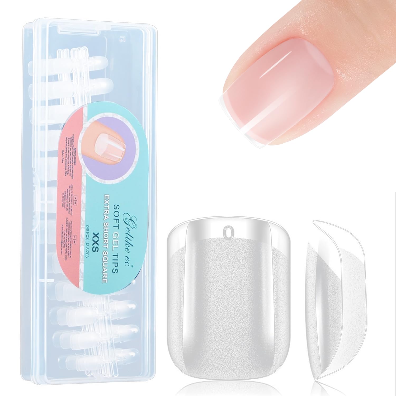XS Short Square Nail Tips for Salon: Gelike EC Soft Gel Nail Tip Easy and Long Last- 240pcs 12 Sizes for DIY Practice Art Design at Home