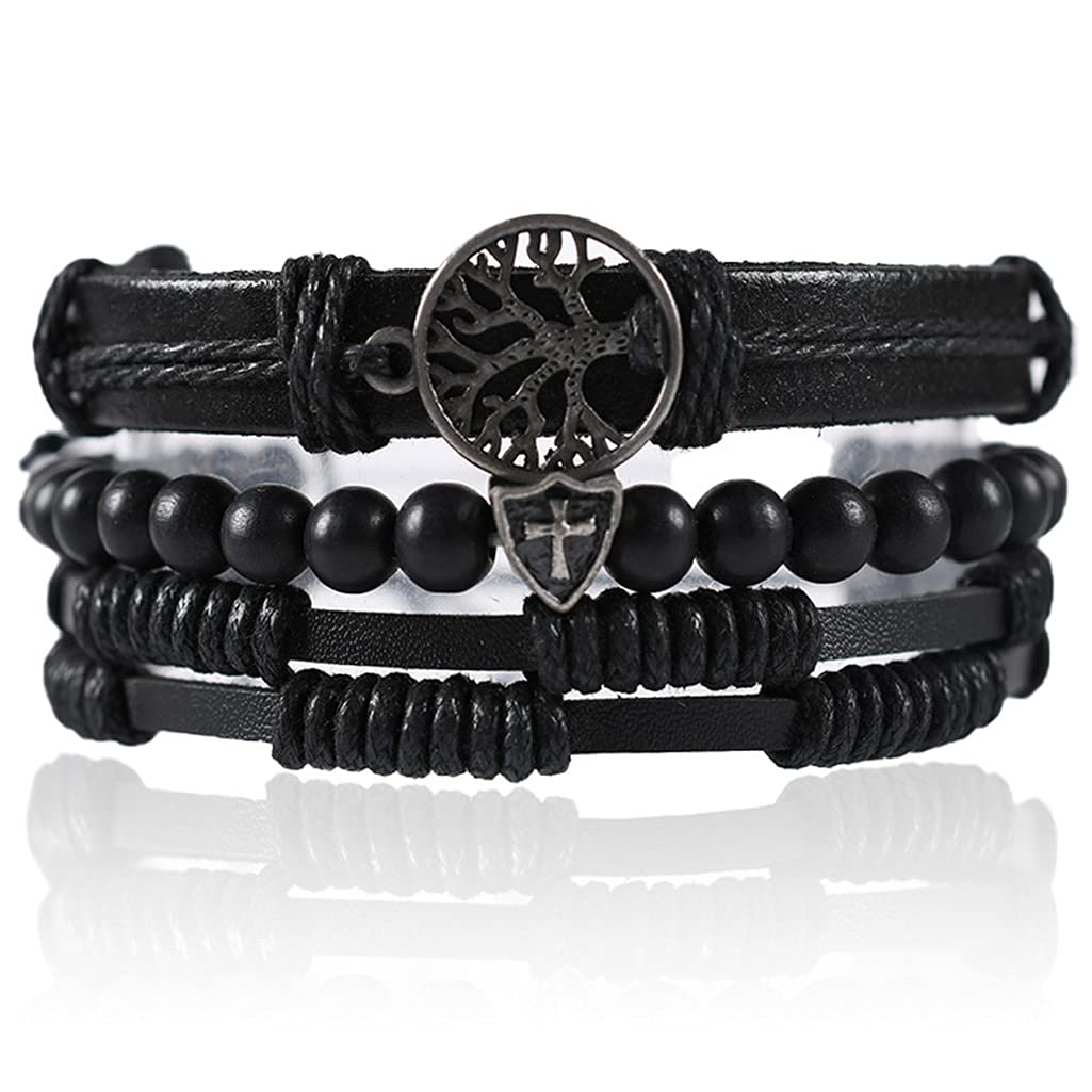 Branets Mens Leather Bracelets Tree of Life Cross Braided Halloween Bracelet Wrap Wristband Bracelets with Wood Beads Charms Bracelets Adjustable for Men and Women