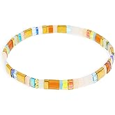 Sonateomber Tila Flat Beaded Stretch Bracelets for Women, Trendy Stackable Gold Brown Blue Beige White Glass Square Beads Stack Bracelet Beach Jewelry Gift