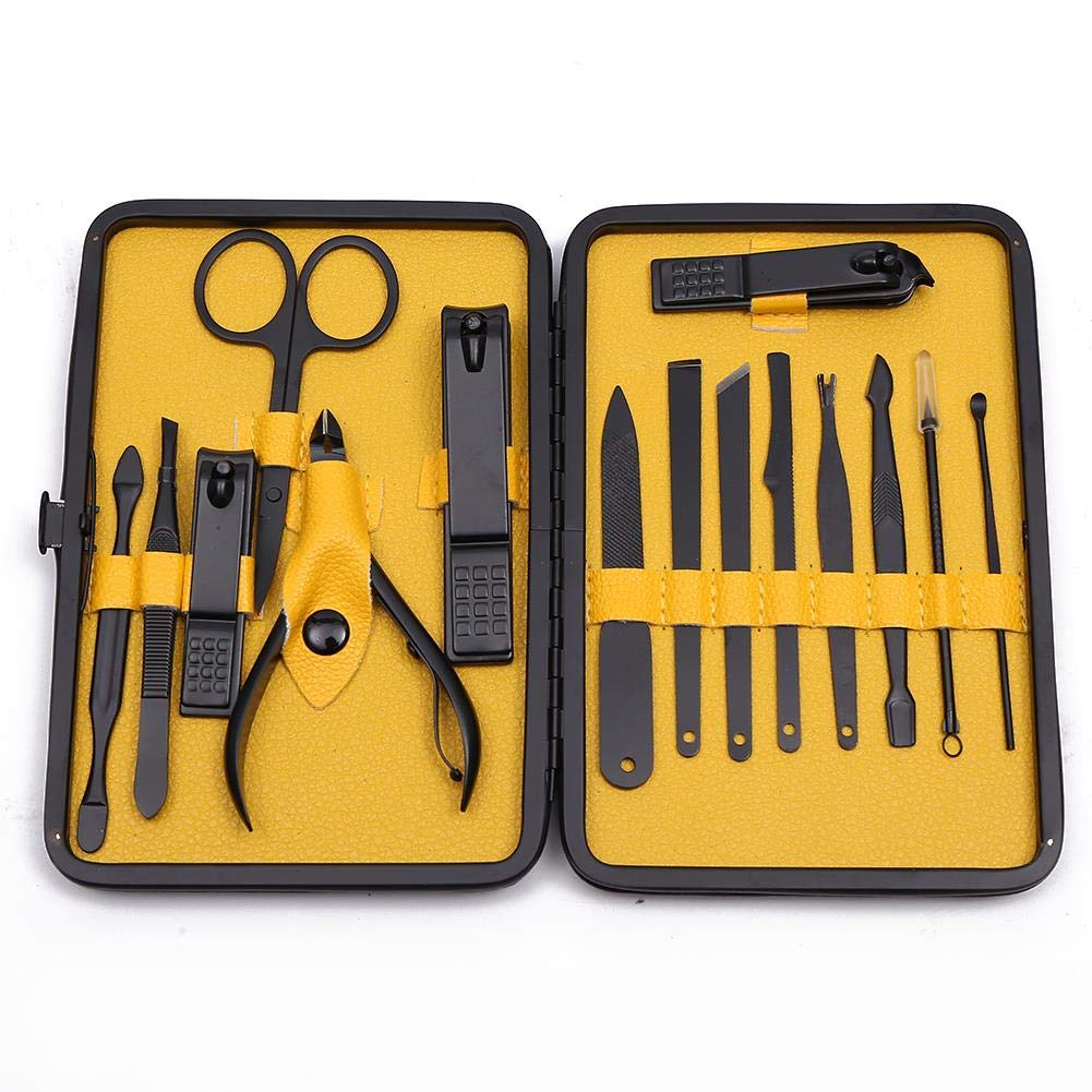 TOPWAY Nail Clippers Manicure Pedicure Professional Grooming Kit for Agnail, Cuticle, Callus, Dead Skin, Blackhead, Acne, Ingrown Hair, Ear, Eyebrow Care Travel Set 15pcs Yellow + Alcohol Pads + Case