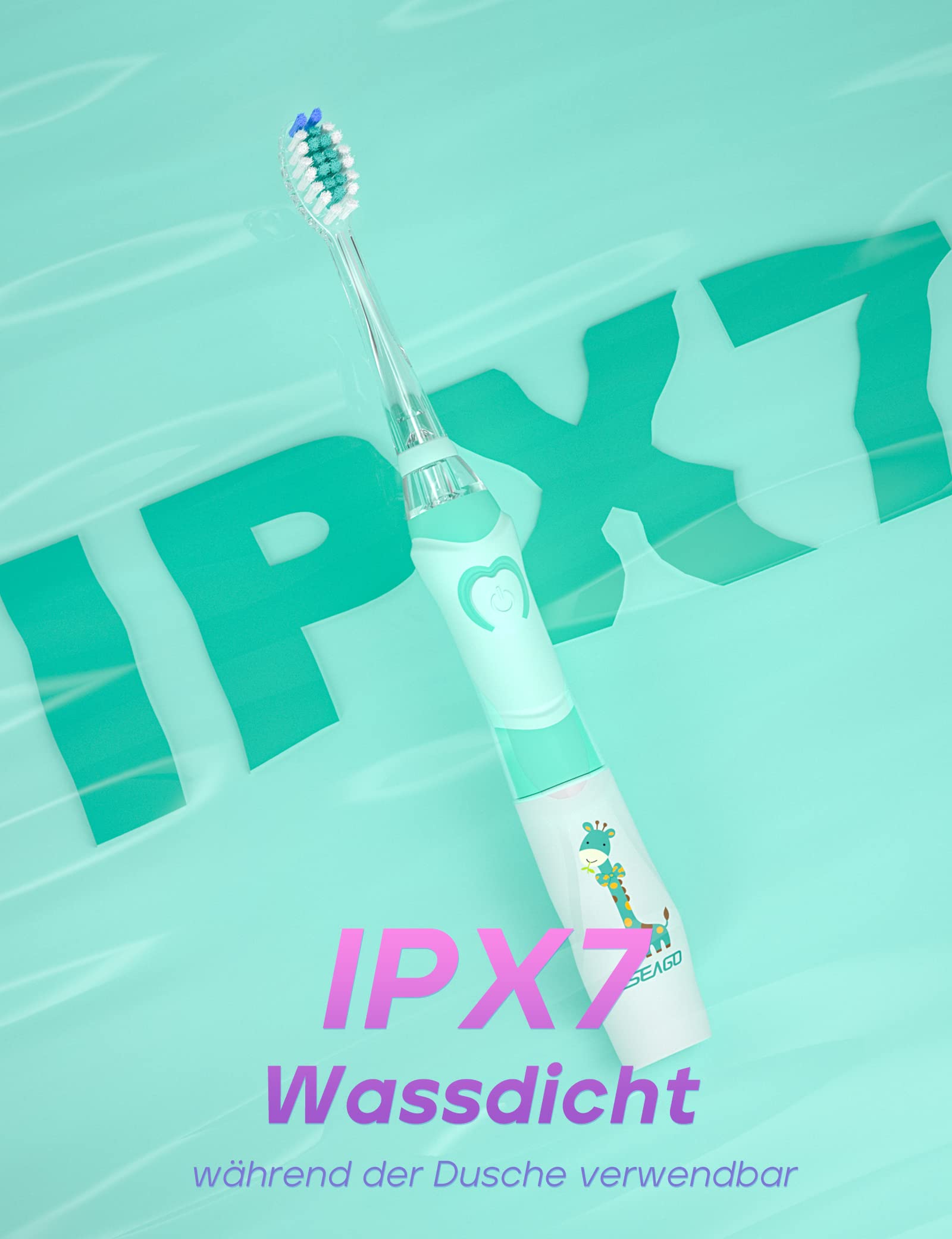 Seago Elektrische Zahnbürste Kinder ab 2, Kinderzahnbürsten mit 4 Extra Weiche Bürstenköpfe und LED Licht, 4 Modi 24000VPM Smart Timer Schallzahnbürste für Kleinkind Mädchen Jungen SG977(Grün) 8