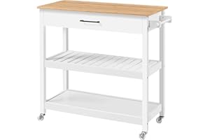 Yaheetech Kitchen Island Cart on Wheels with Bamboo Tabletop, 3-Tier Rolling Kitchen Island Microwave Cart with Drawer, Detachable Towel, 3 Hooks, 17" D x 37.5" W, White
