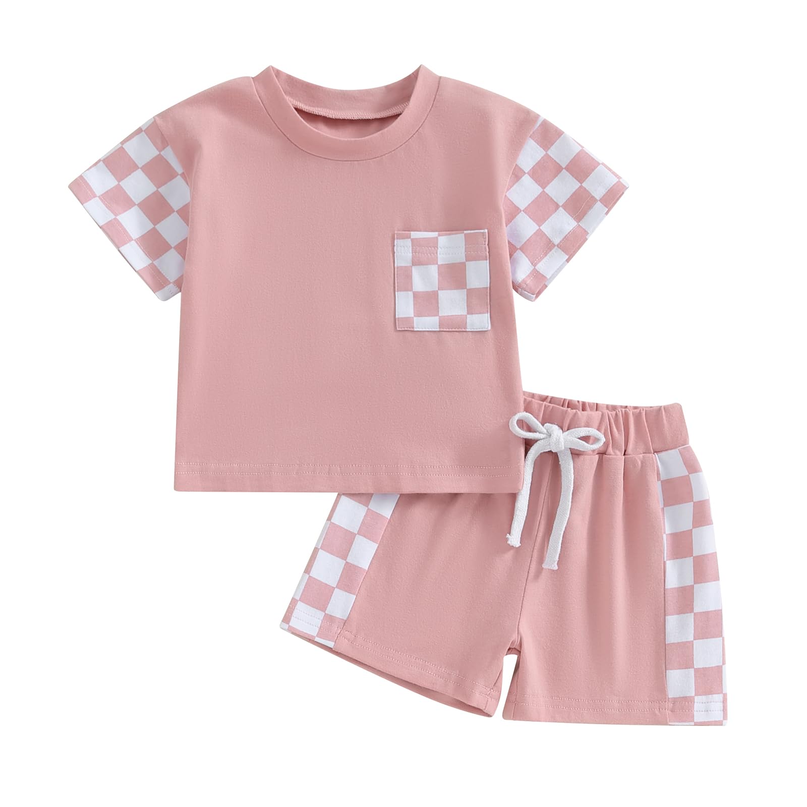 Photo 1 of Toddler Baby Girl Clothes Summer Outfit Plaid Patchwork Short Sleeve T Shirt Tops and Stretch Casual Shorts Set (Plaid Patchwork Pink, 6-12 Months)