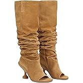 Kapxumo Women's Leather Knee High Boots Open Square Toe Pull On Slouchy Wide Calf Boots
