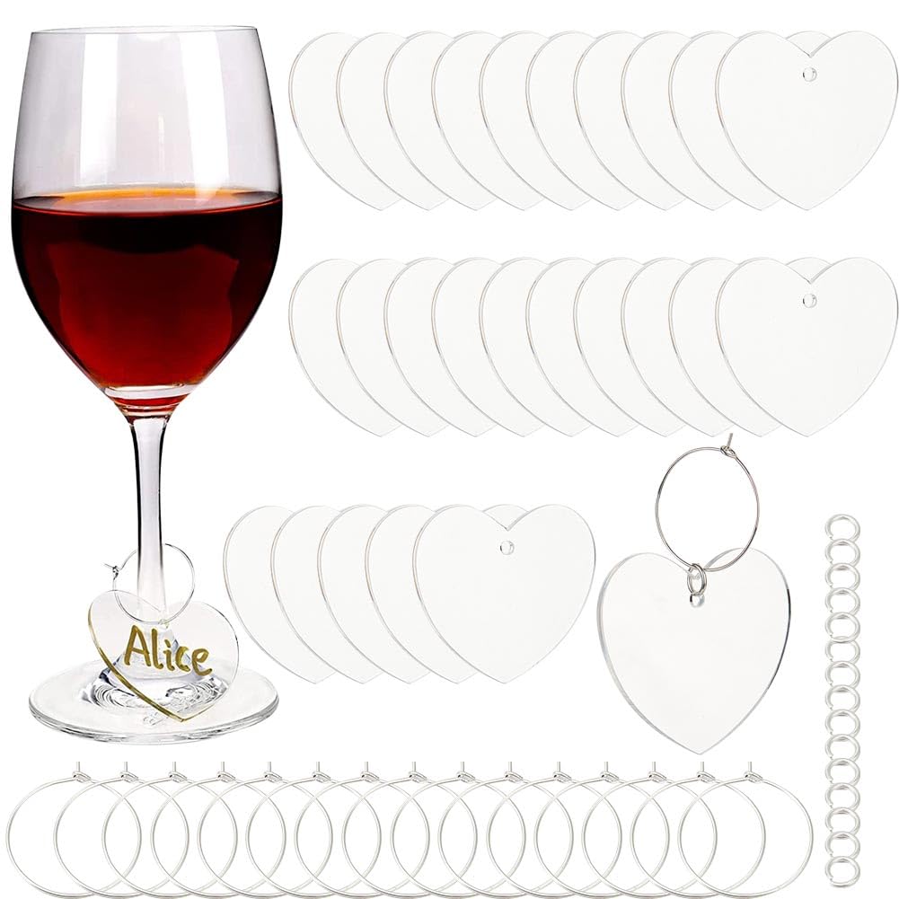 SUNNYCLUE 1 Box 30 Set Wine Glass Charms Arylic Drink Tags Drink Charms Bulk Heart Shaped Drink Markers Clear Wine Glass Name Tags for Party Christmas Wedding Valentines Day Favors Family Gathering