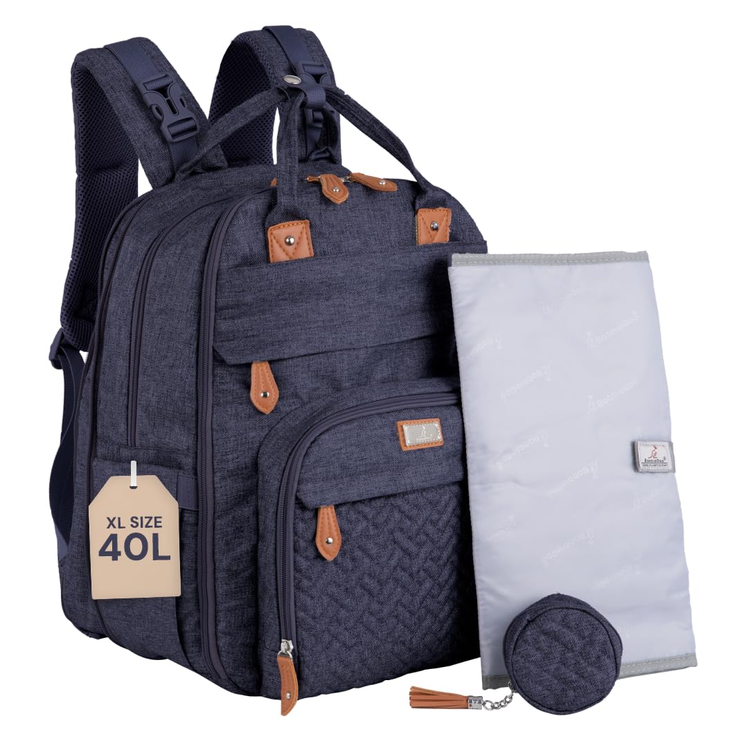 Photo 1 of BabbleRoo Extra Large Diaper Bag Backpack, Expandable Baby Bag with Up to 50% More Capacity - Travel Essentials Baby Bag Tote with Changing Pad, Stroller Straps & Pacifier Case - Unisex, Denim Blue