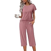Ekouaer Capri Pajamas Set Women's Ruffle Sleeve Top and Capri Pants Soft Sleepwear Loungewear with Pockets