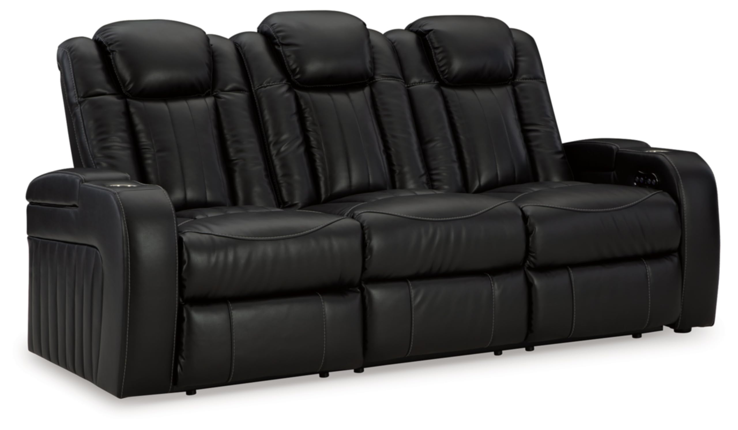 Photo 1 of ***TRUCK OR TRAILER PICK UP****BROKEN DAMAGED******PARTIAL SET****Signature Design by Ashley Caveman Den Modern Faux Leather Power Reclining Sofa with Adjustable Headrest, Drop Down Table, Electrical Outlets and LED Reading Lights, Black