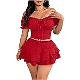 Floerns Women's Plus Size 2 Piece Outfit Going Out Off The Shoulder Crop Tops Layered Mini Skirt Set