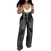 SHINFY Women's Denim Overalls Y2K Straight Wide Leg Bib Overalls Adjustable Strap Cargo Jumpsuits Jean Romper