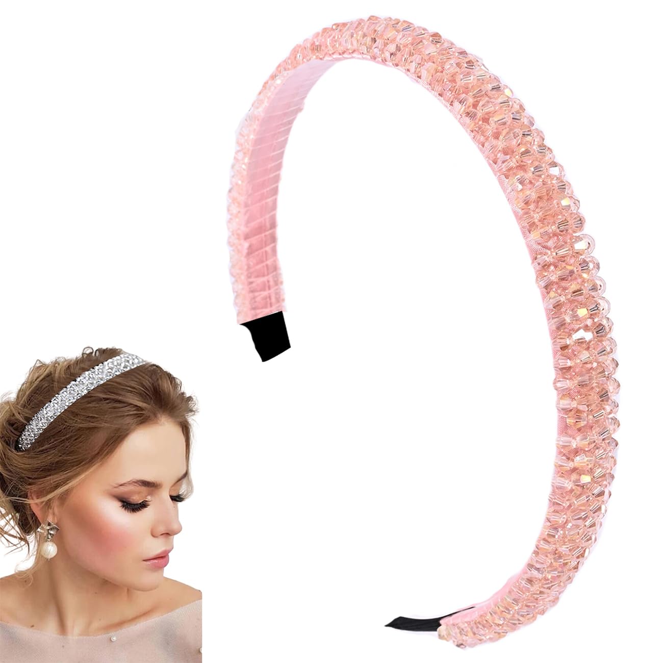 Hairbands Women Pink Headband Crystal Hairband Shiny Non Slip Beaded Bling Hair Accessories Decoration for Ladies 3116