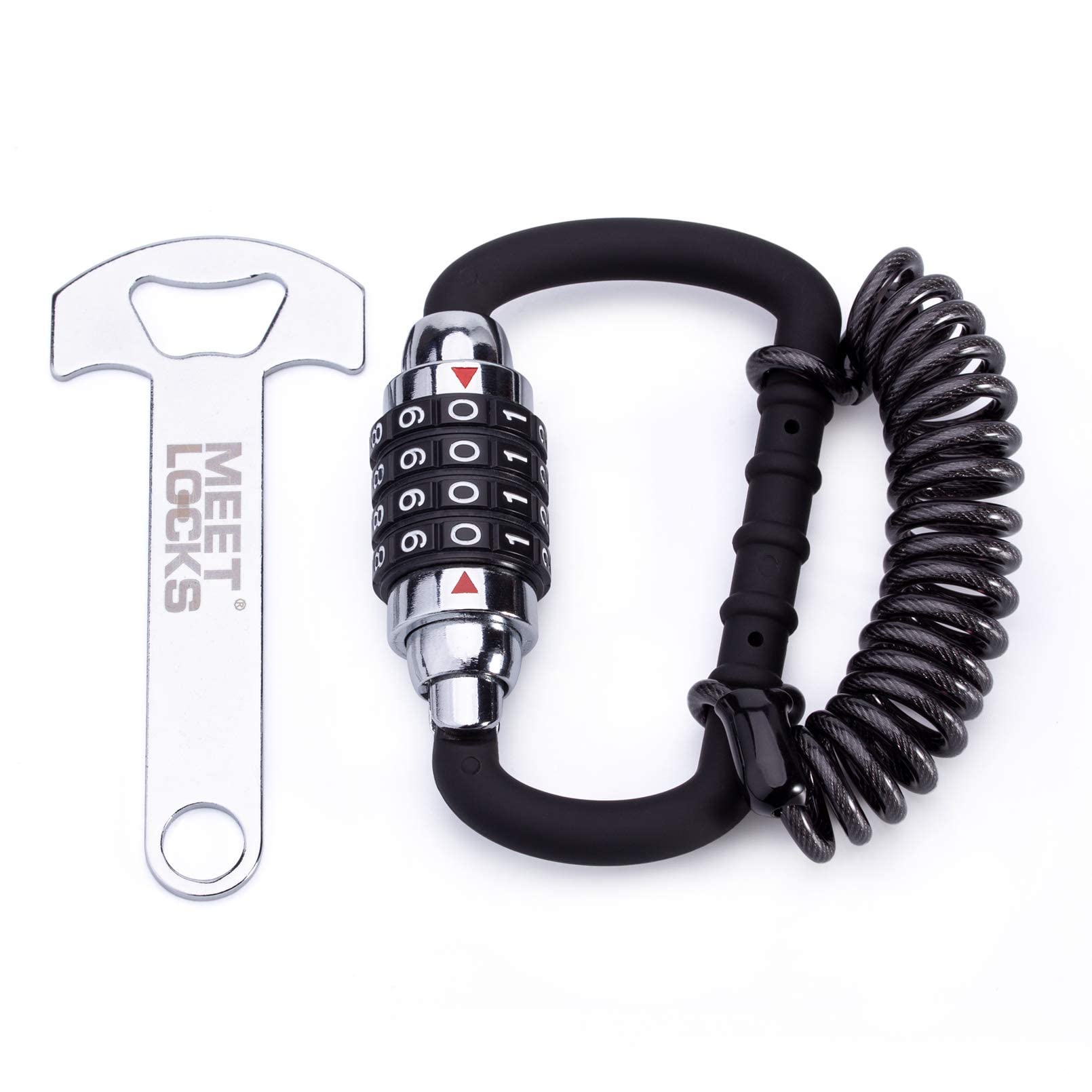 MEETLOCKS Motorcycle Helmet Lock Cable 4-Digit Resettable Combination PIN Lock Cable Caribeaner Lock Device Secures Your Motorbike,Jacket