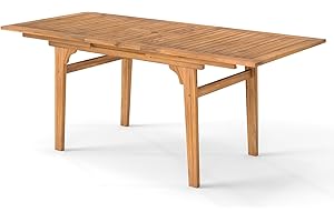 HAPPYGRILL Expandable Outdoor Dining Table for 6-8 Person, 55”-71” Acacia Wood Rectangular Patio Table with 1.97” Umbrella Hole and Slatted Tabletop for Garden, Yard, Deck