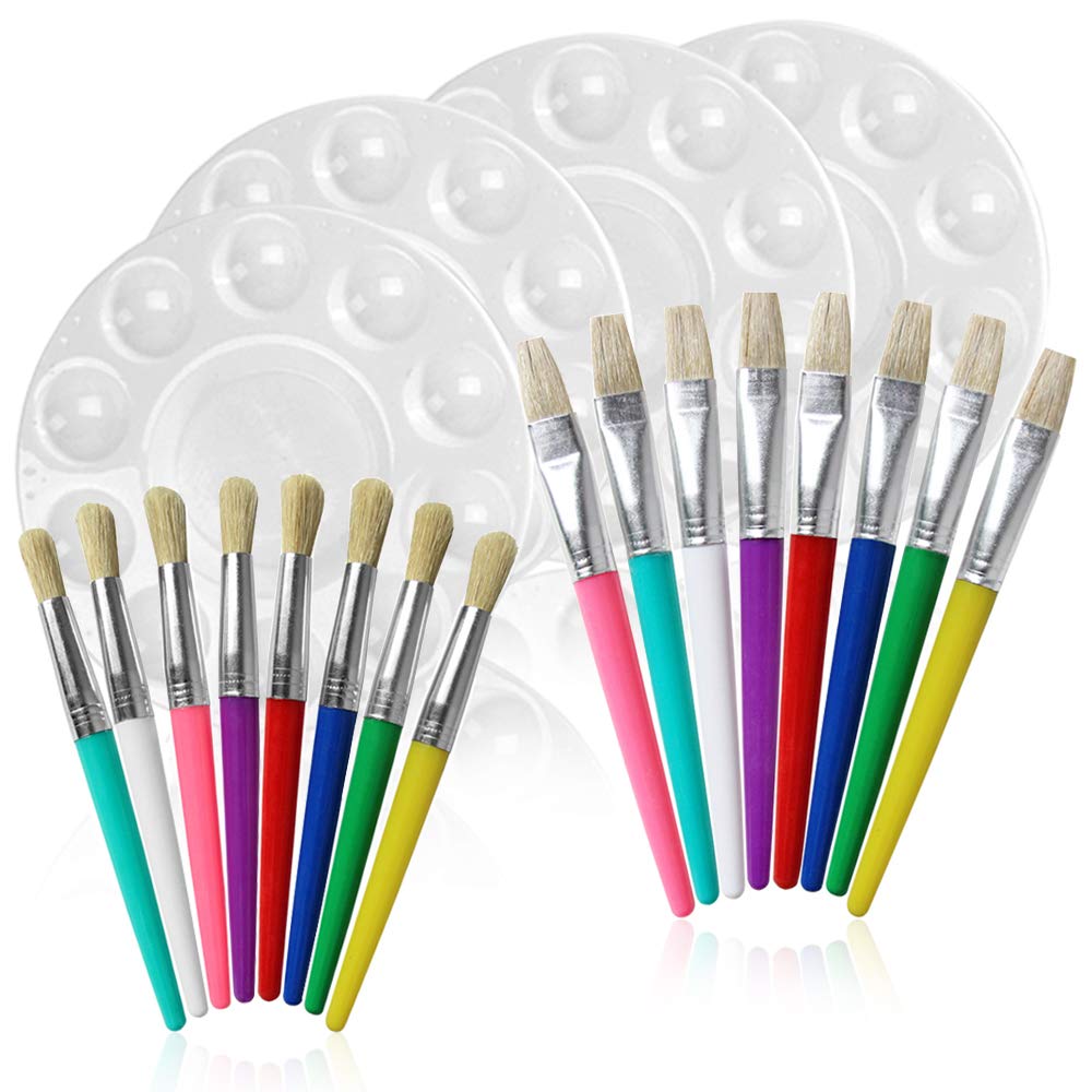 16 pcs Tempera Paint Brush Set with 4 Paint Tray Palettes, FineGood Round & Flat Pointed Bristle Paintbrush for Beginners Artist