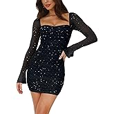Lrady Women's Sexy Long Sleeve Bodycon Mini Dress Mesh Square Neck Slim Fit Ruched Party Club Short Dresses