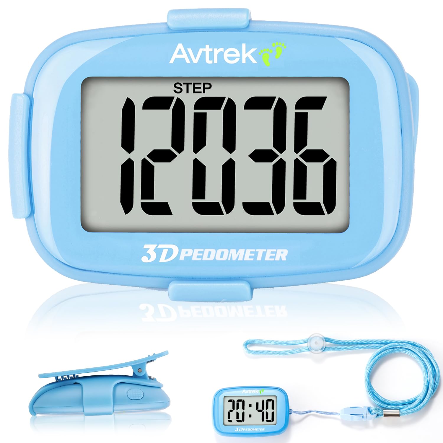 AVTREK Step Counter with Clip and Lanyard, 3D Pedometer Steps Counter With Time Display and LED Backlight, Simple Step Counters for Walking Running, Men Women Elder(Blue)