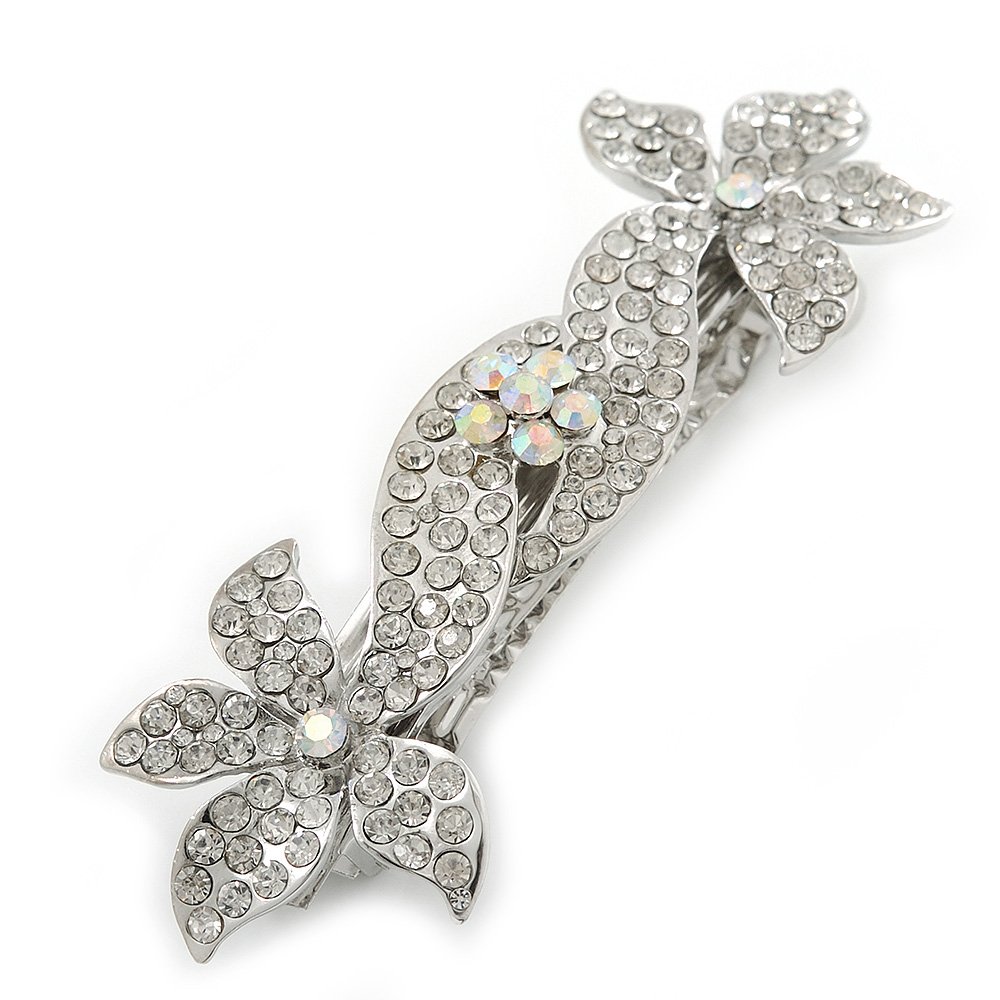 Bridal Wedding Prom Silver Tone Diamante 'Double Flower' Barrette Hair Clip Grip - 90mm Across