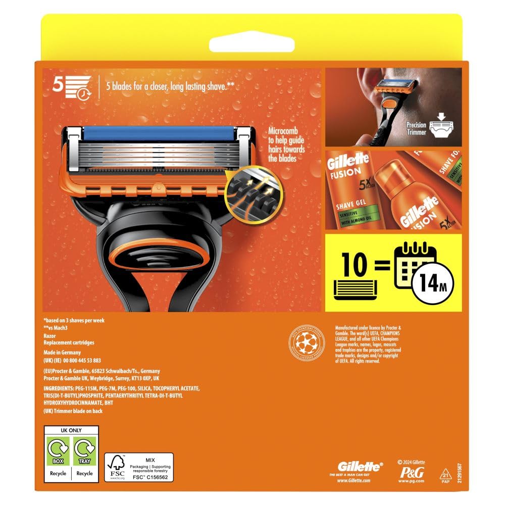 Gillette Fusion5 Razor for Men, 1 Gillette Razor, 10 Blade Refills