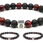 Kartini Studio Mixed Stone and Sterling Silver Bracelet, Red Tiger's Eye, Lava, and Onyx Bracelet, Quality Bead Jewelry for Men