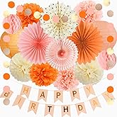 Boho Fall Peach and Orange Birthday Decorations Paper Lanterns Orange Peach Beige Pom Poms Pastel Autumn Birthday Party Decorations for Girls Women with Banner Beige Gold