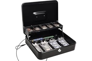 Parrency Cash Box with Key Lock,Locking Box Safe Storage Security Locker with Security Cable,Durable Metal Cash Box with Money Tray，Black