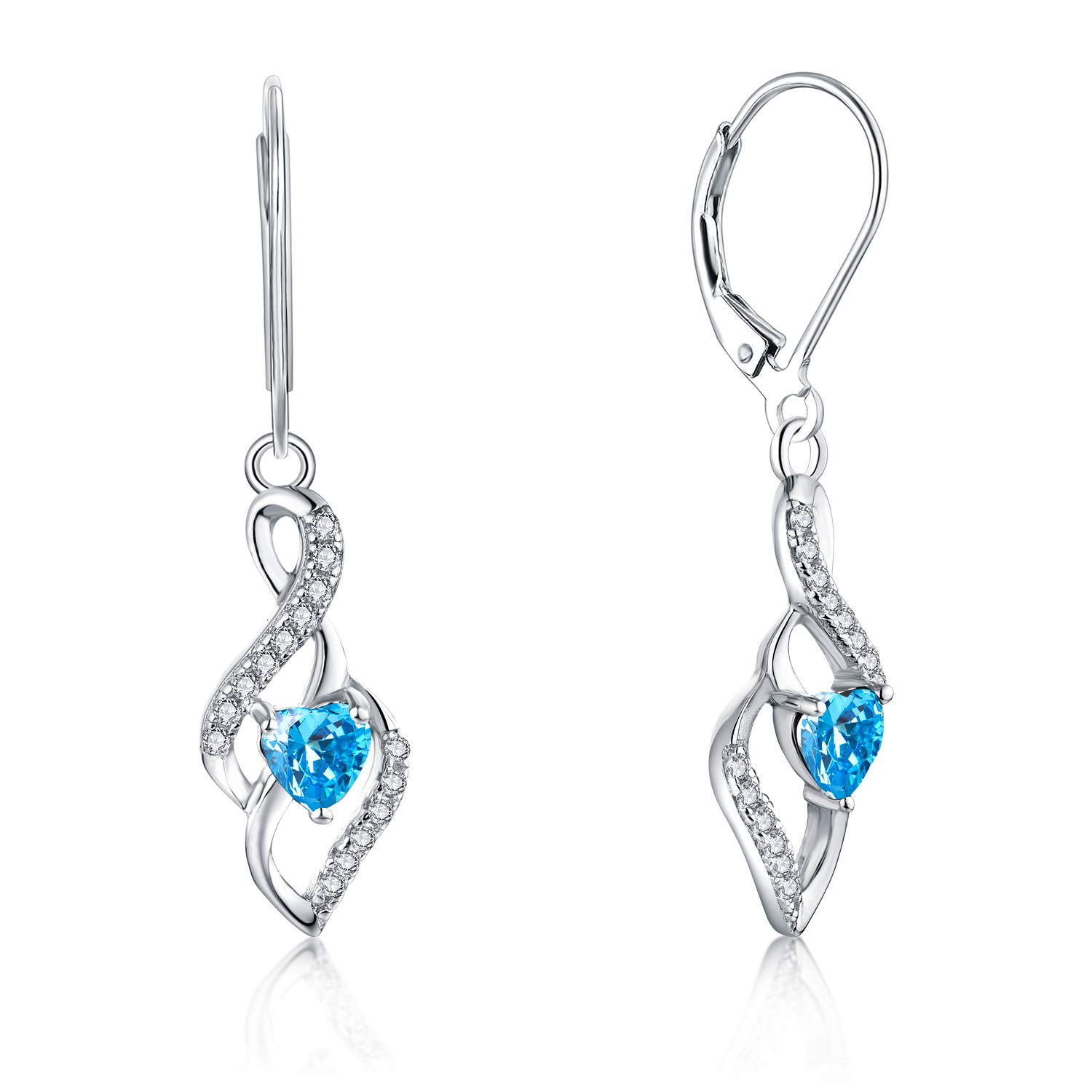 JO WISDOM Women Earrings,925 Sterling Silver Infinity Leverback Dangle & Drop Earrings with 3A 4 * 4mm Heart-cut Cubic Zirconia March Birthstone Aquamarine Color
