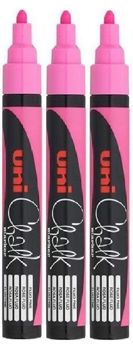 Uni Fluorescent Neon Pink Bullet Tip Nib (1.8 - 2.5mm) Liquid Chalk Marker Pen Colour Whiteboard Blackboard Chalkboard Menu Glass Windows Wet Wipe Non Permanent (Pack Of 3) PWE-5M