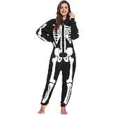 Opemon Women Halloween Skeleton Costume Onesie Jumpsuit Adult Plus Size Cozy Pajamas Hoodie Outfit Suit Scary Cosplay