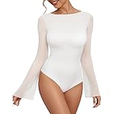 MANGOPOP Women's Boat Neck Bell Sleeve Bodysuit Sexy Sheer Mesh Double Lined Body Suits Going Out Fall Tops 2025