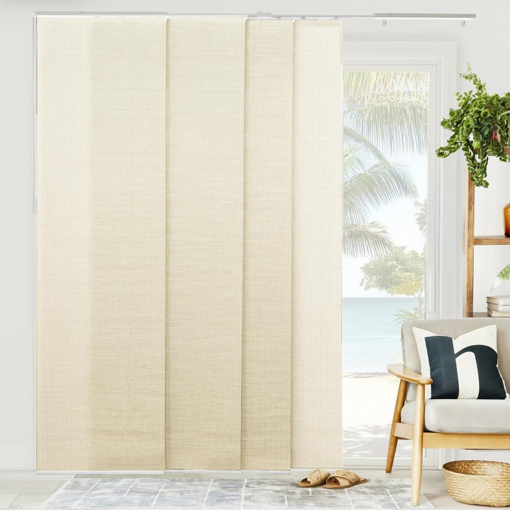 Photo 1 of CHICOLOGY Panel Track Vertical Blinds for Sliding Patio Doors, Room Dividers and Closet Covers, Four Woven Panels 23 in Wide Each, Adjustable Track 46-86 in W, Height Trimmable Up to 96 in, Beige