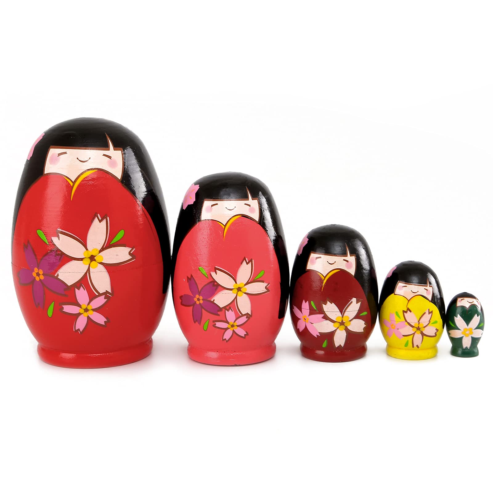 Moonmo 5pcs Beautiful Handmade Wooden Japanese Girl Russia Nesting Dolls Gift Russian Nesting Wishing Dolls Matryoshka Traditional