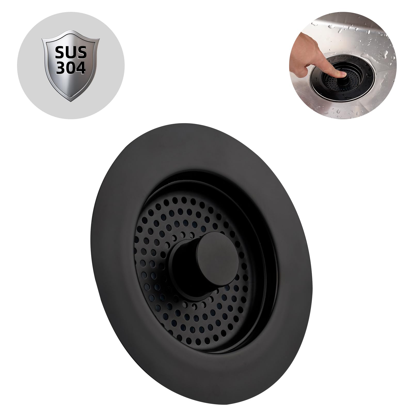 Hibbent Kitchen Sink Plug,Upgraded 3 in 1 Kitchen Sink Strainer and Stopper Combo, Stainless Steel Stopper and Strainer,Anti-Clogging,kitchen Sink Strainer Plug, Prevent Odors-Sinks Depth > 28mm-Black