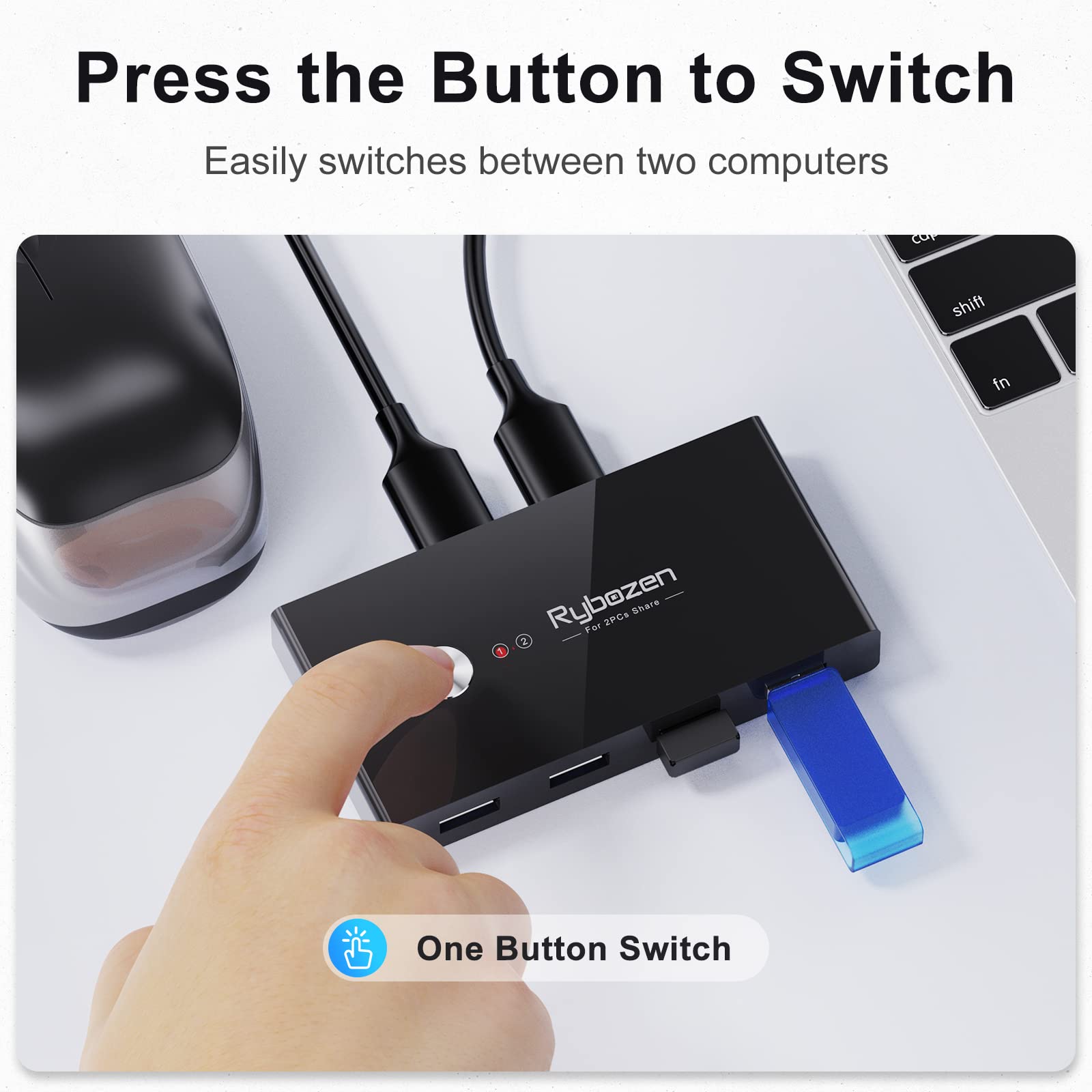 USB 3.0 Switch, USB Switcher 2 Computers Share 4 USB for Keyboard Mouse Printer Scanner, USB KVM Switch Selector with 2 USB 3.0 Cables, Compatible with Windows, Mac, Linux