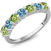 Gem Stone King 1.32 Cttw Round Green Peridot and Swiss Blue Topaz Anniversary Ring For Women | 925 Sterling Silver | Gemstone Birthstone