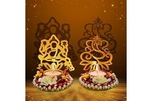 SATVIK STORE Satvik 1 Pair Lakshmi Ganesh Decorative Shadow Diya, Diwali Decoration Traditional Murti Statue Home/Office Religious Tea Light Candle Holder Stand Indian Housewarming Return Gift Items (Pack of 1)