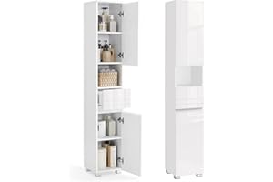 VASAGLE Tall Bathroom Cabinet, Slim Freestanding Bathroom Storage Cabinet with a Drawer, Adjustable Shelves, Open Compartment
