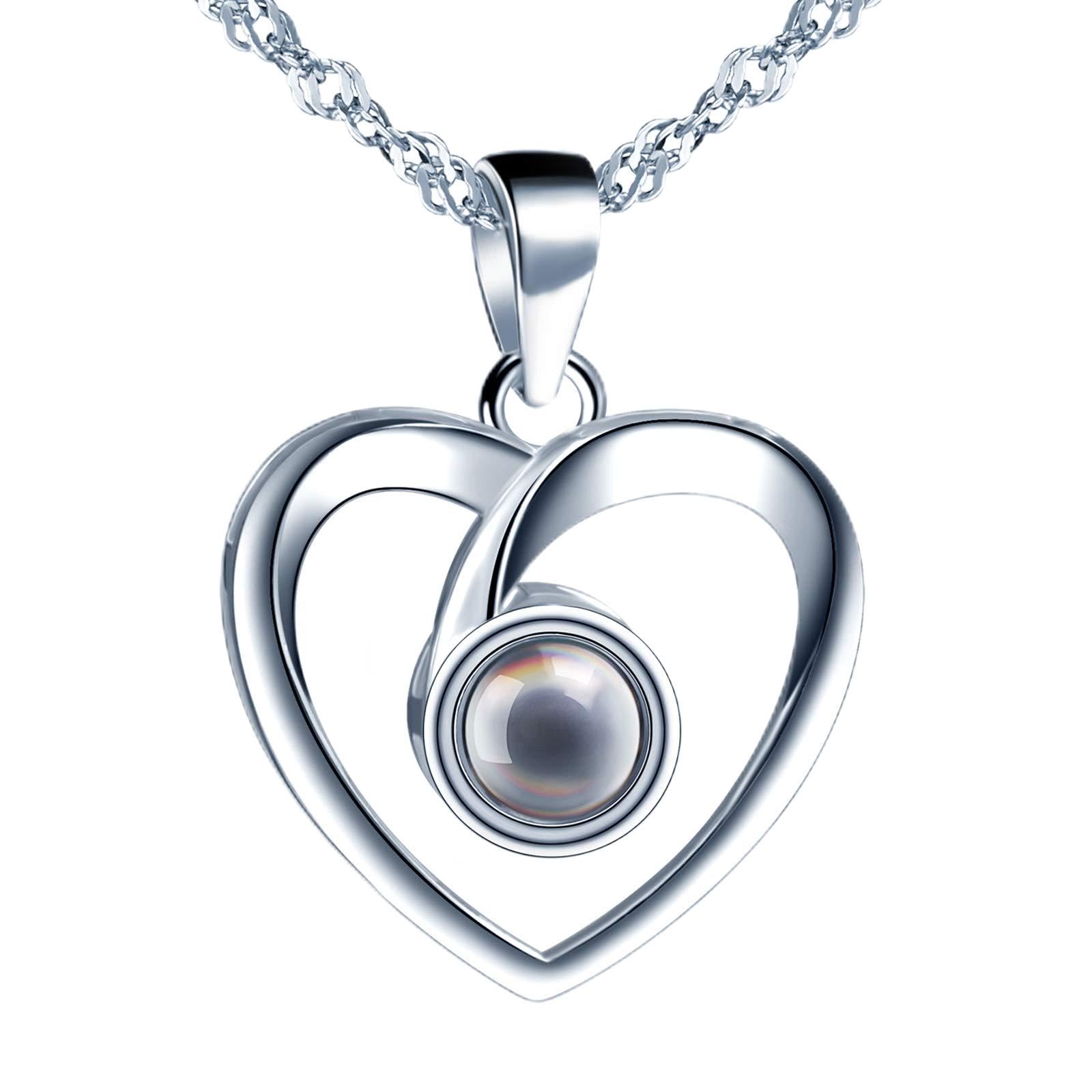 CPSLOVE Women's heart Necklace Pendant, girl's 925 sterling silver Necklace, Black glass stone with 100 languages "I love you" projection, Love's necklace