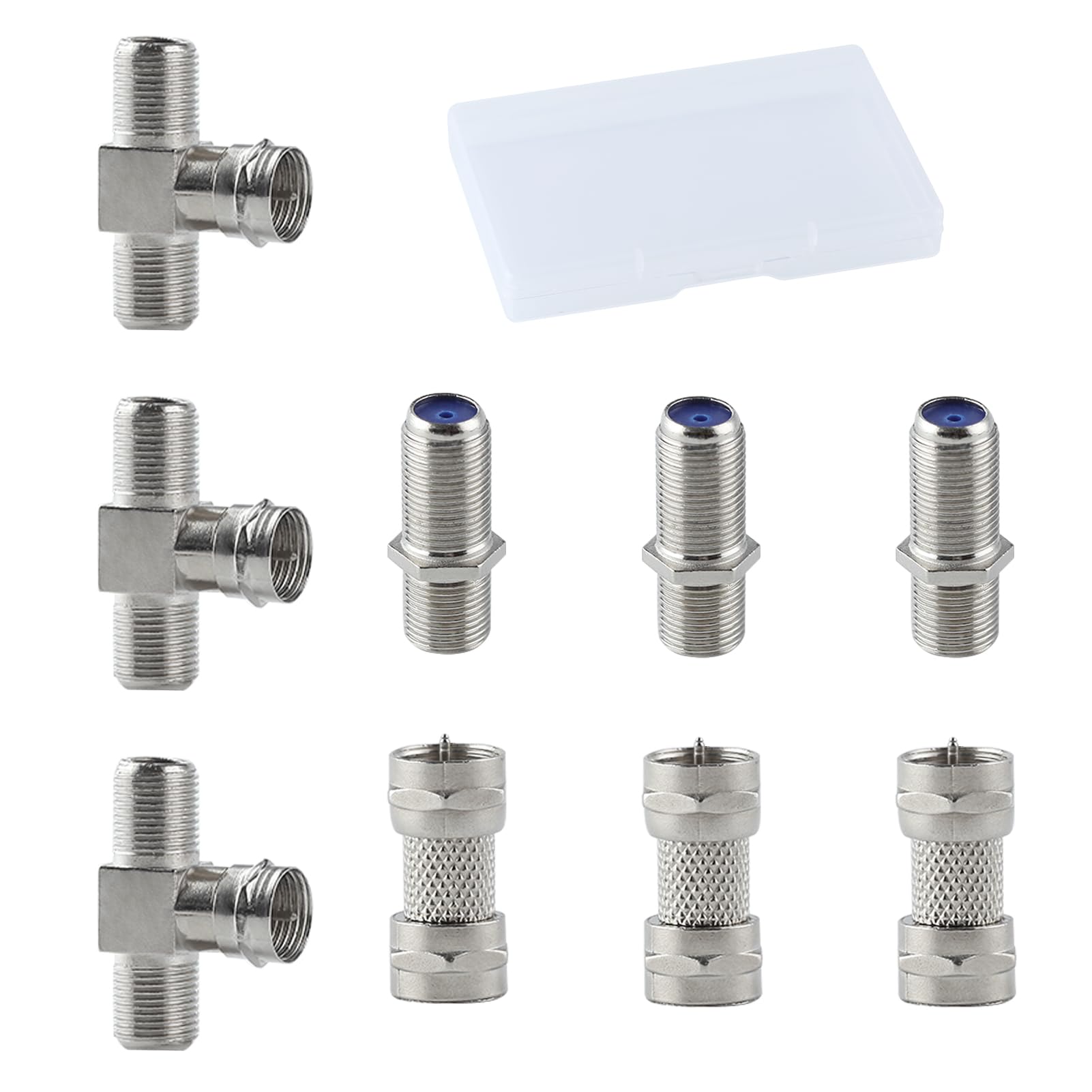 GOLD DEER 9PCS 3-Way F-Type Coaxial Cable Splitter Connector - Male to Dual Female Adapter With Storage Box - TV Splitter 2 in 1 Out