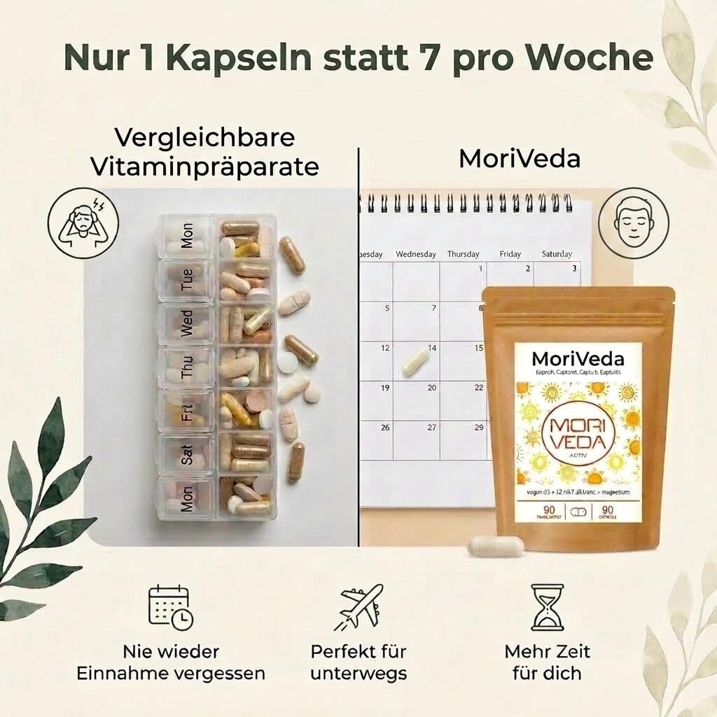 MoriVeda 90 Vitamin D3 K2 Magnesium Wochendepot Kapseln – 7000 I.E. D3 + 200 µg K2 MK7 + 175 mg Mg – Vegan, aus Flechten & Natto 3