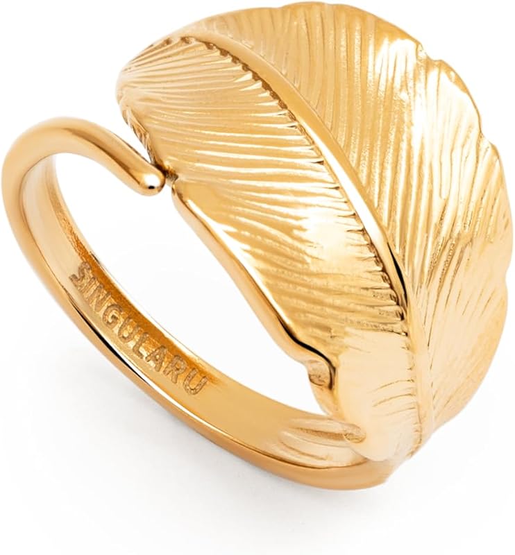 Anillo Mujer Ajustable Hoja Acero Baño Oro