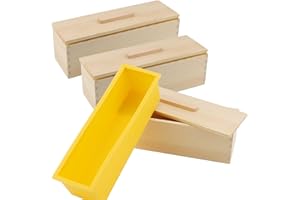 MAHIONG 3PCS 47oz Yellow Silicone Soap Molds Kit, Rectangular Silicone Loaf Soap Making Molds with 3 Wooden Boxes and 3 Lids, DIY Supplies for Soap Making
