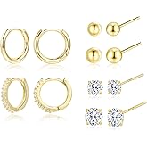 Stud Earrings for Women Hypoallergenic Sterling Silver Post Hoop and Studs Earrings Set for Multiple Piercing Small Ball Cubic Zirconia Earring Studs for Women Trendy Jewelry Gifts(6 Pairs)